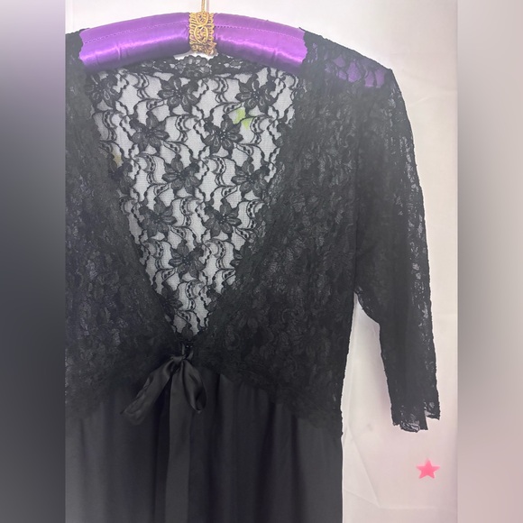Black Lace Satin Whimsigoth Maxi Length Open Front Bowtie 3/4 Sleeve Robe Size M - Picture 10 of 14